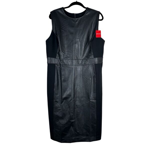 Spanx Women's Luxe Black Faux Leather Ponte Combo Sheath Dress Plus Size 1X - Picture 1 of 10